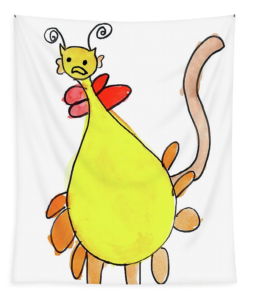 Animal Fantasy Creature Yellow Orange Red White Cartoon Bug Fun Playful Catlike Tail Crazy Cute Colorful Antenna Collar Anime Balloon Surprise Kids Kids-did-it Art By Kids Children's Art Watercolor Kelsey Rhoads Tapestry featuring the painting Creature by Kelsey Rhoads Age 8