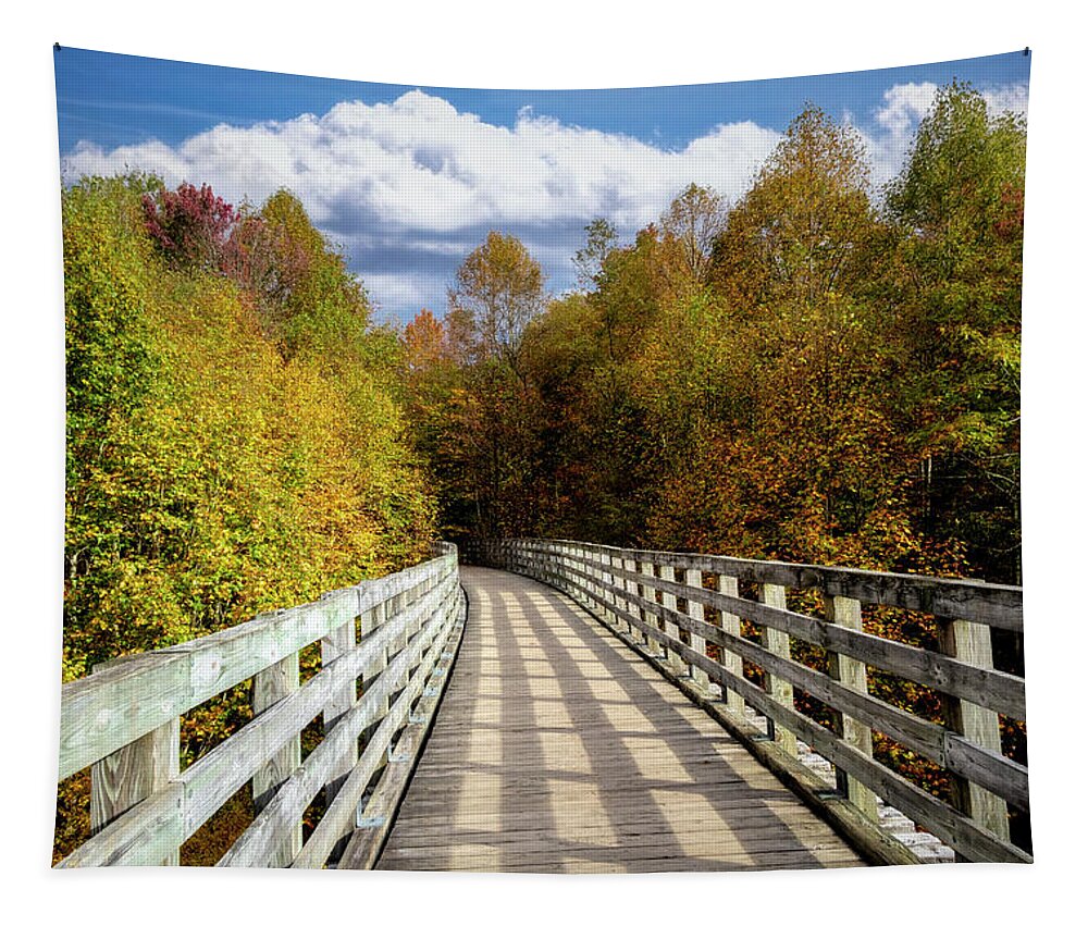 Clouds Tapestry featuring the photograph Creeper Trail Bridge in Autumn Colors Damascus Virginia by Debra and Dave Vanderlaan