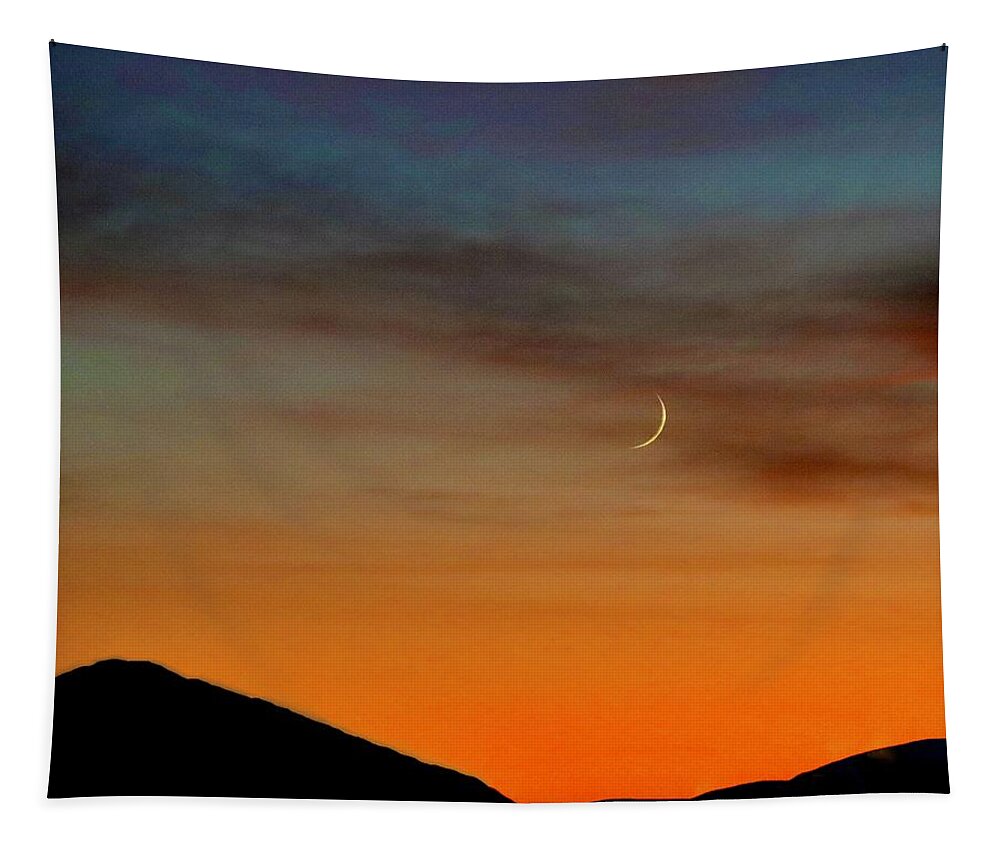 Moon Tapestry featuring the photograph Crescent Moon at Sunset by Sarah Lilja