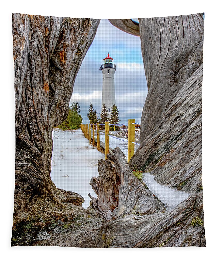 Crisp Point Tapestry featuring the photograph Crisp Point Lighthouse Winter Driftwood -0021 by Norris Seward