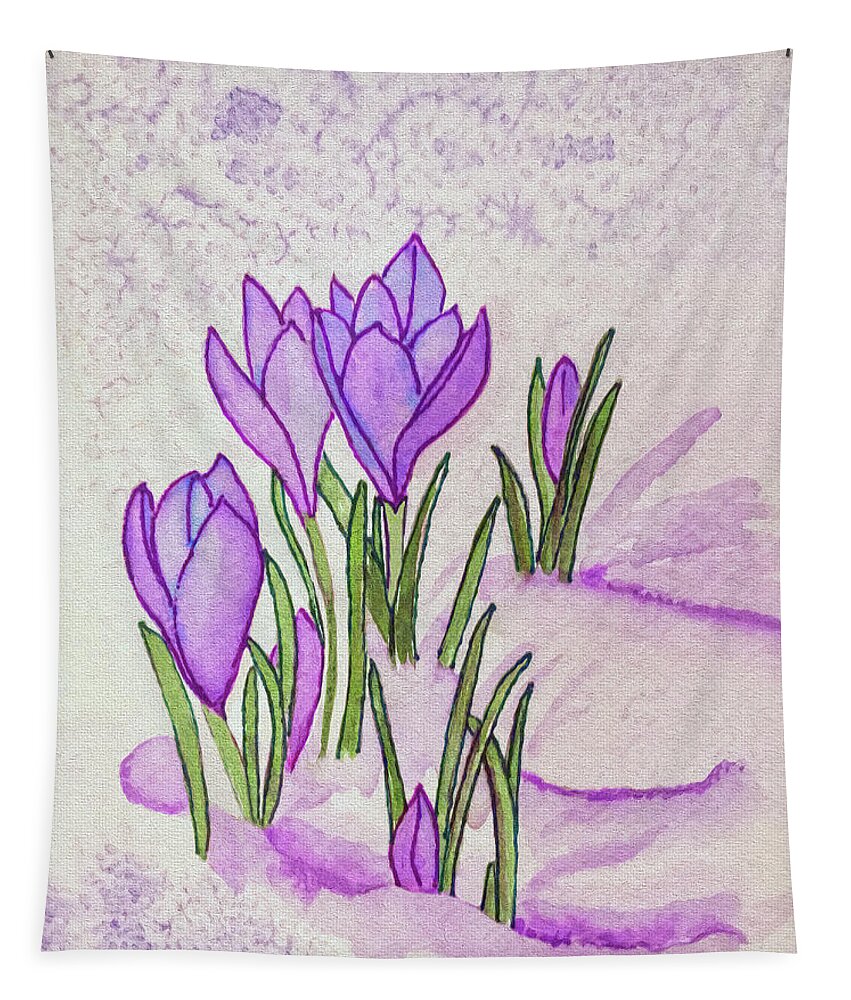 Crocus Tapestry featuring the painting Crocus In The Snow by Deborah League
