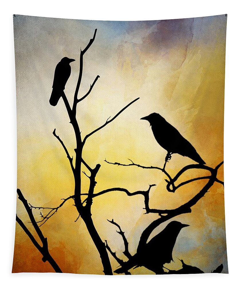 Bird Tapestry featuring the digital art Crow Birds on Tree Bird 95 by Lucie Dumas