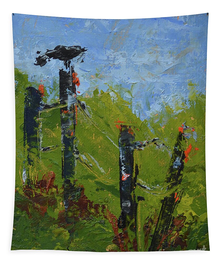 Crow Tapestry featuring the painting Crow on Fence by Patricia Caldwell