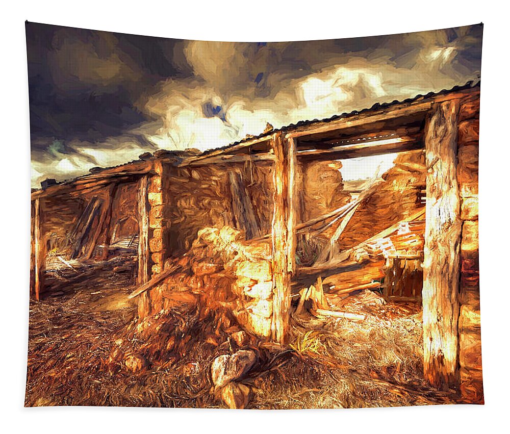 Barn Tapestry featuring the digital art Crumbling Barn by Wayne Sherriff
