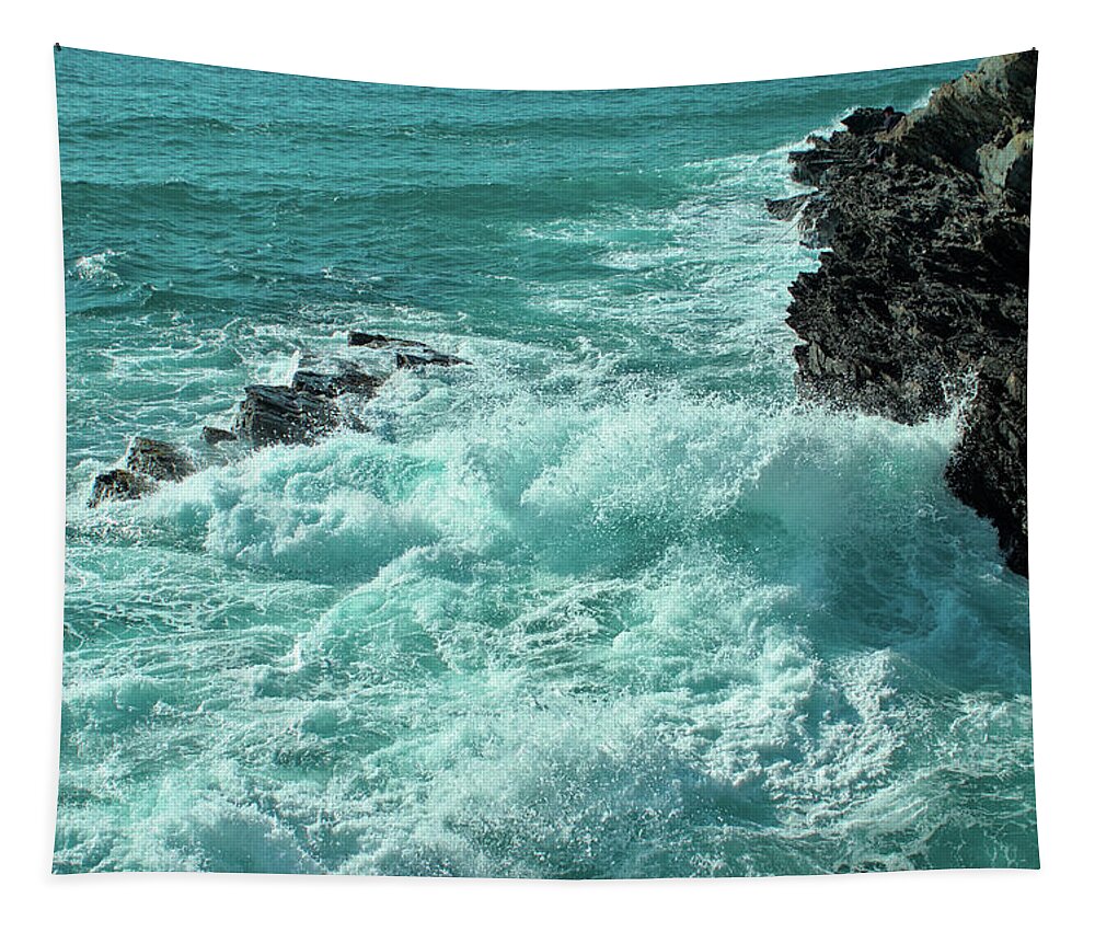 Sea Waves Tapestry featuring the photograph Crushing waves in Porto Covo by Angelo DeVal