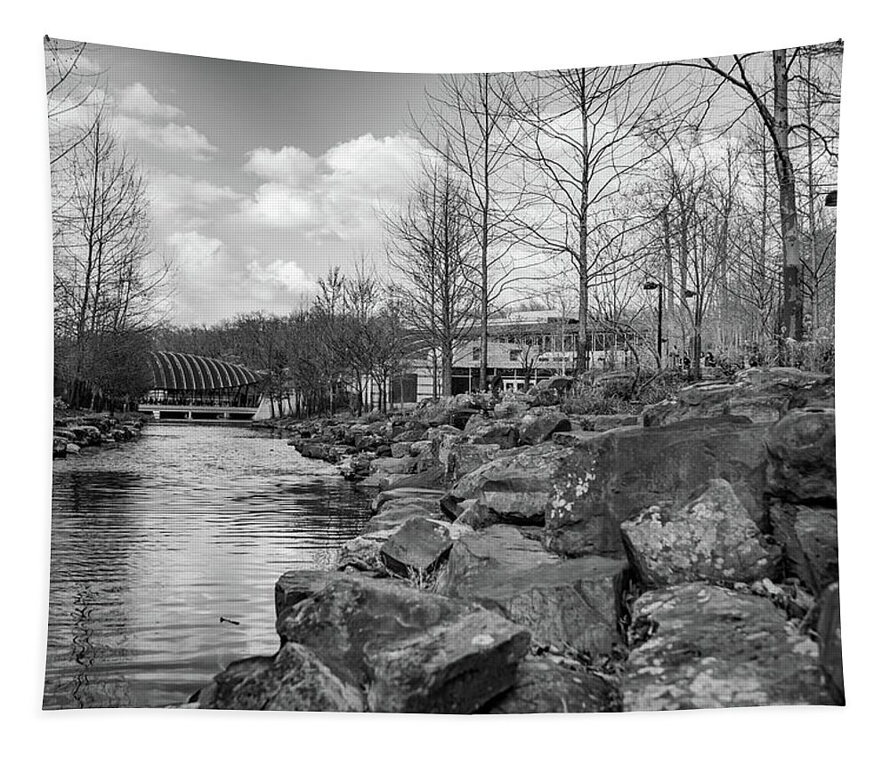 Crystal Bridges Tapestry featuring the photograph Crystal Bridges Museum Riverscape In Black and White by Gregory Ballos