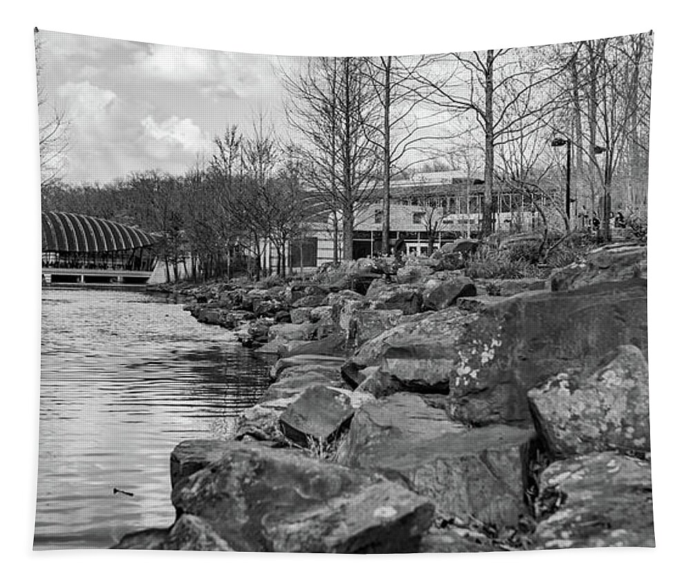 Crystal Bridges Tapestry featuring the photograph Crystal Bridges Museum Riverscape Panorama In Black and White by Gregory Ballos