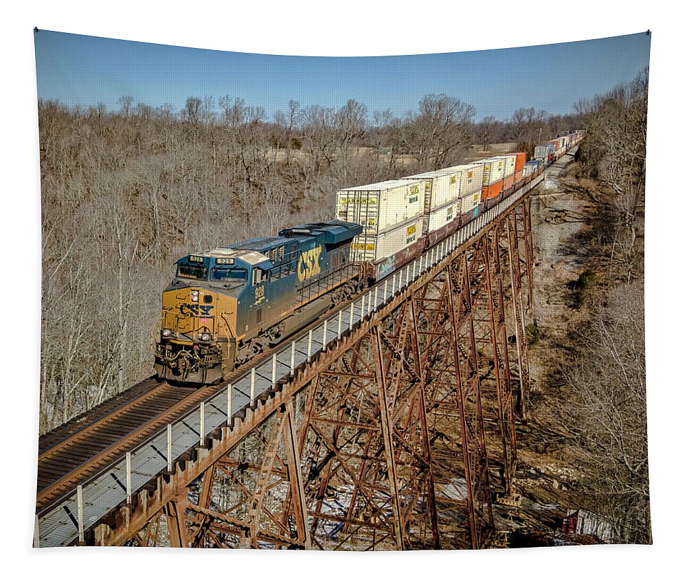 Railroad Tapestry featuring the photograph CSX hot intermodal rolls south across Gum Lick Trestle by Jim Pearson