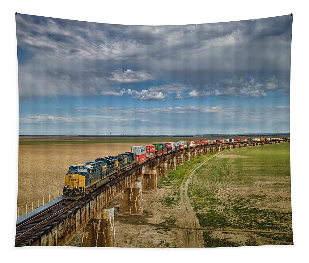 Railroad Tapestry featuring the photograph CSX Q025 Southbound up the viaduct at Rahm Indiana by Jim Pearson