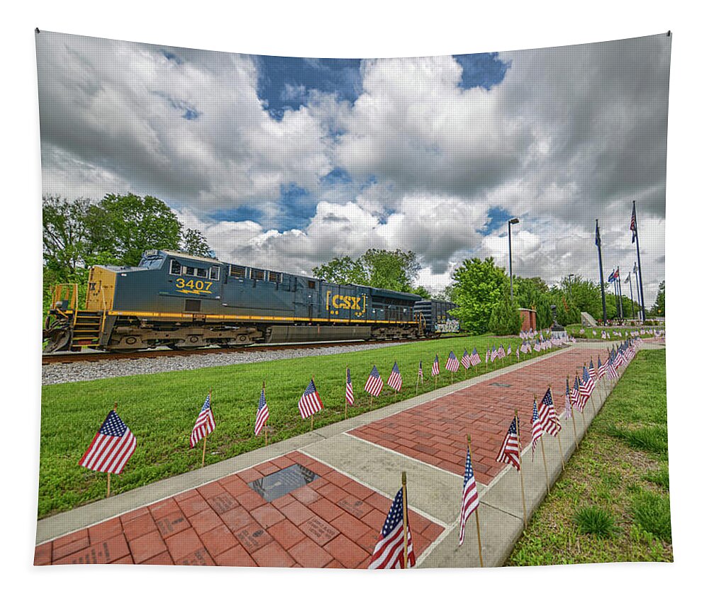 Railroad Tapestry featuring the photograph CSX Q502 Passing the Veterans Memorial at Madisonville Ky by Jim Pearson