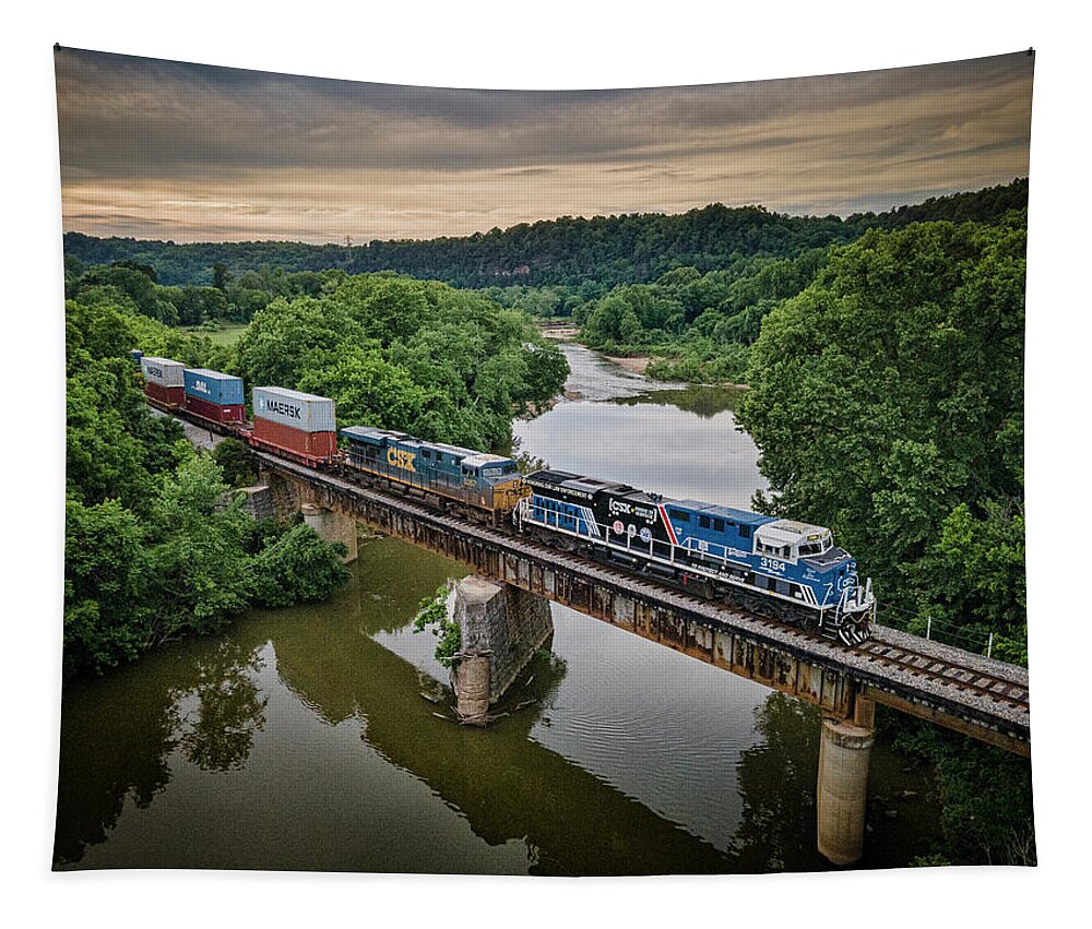 Railroad Tapestry featuring the photograph CSXT 3195 Spirit of our Law Enforcement unit at Harpeth River at Pegram Tennessee by Jim Pearson