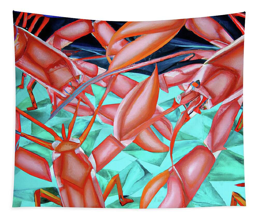 Cgi Illustration Tapestry featuring the digital art Cubist painting of lobsters on the ocean floor by Steve Estvanik