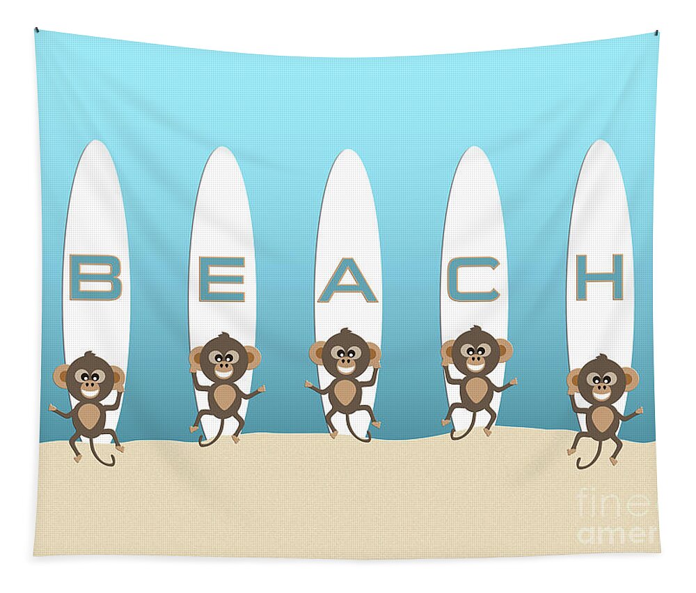 Monkey Tapestry featuring the digital art Cute Animal Monkeys with Surfboards and Beach Typography by Barefoot Bodeez Art