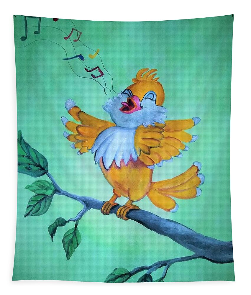 Bird Tapestry featuring the painting Cute bird singing by Tara Krishna