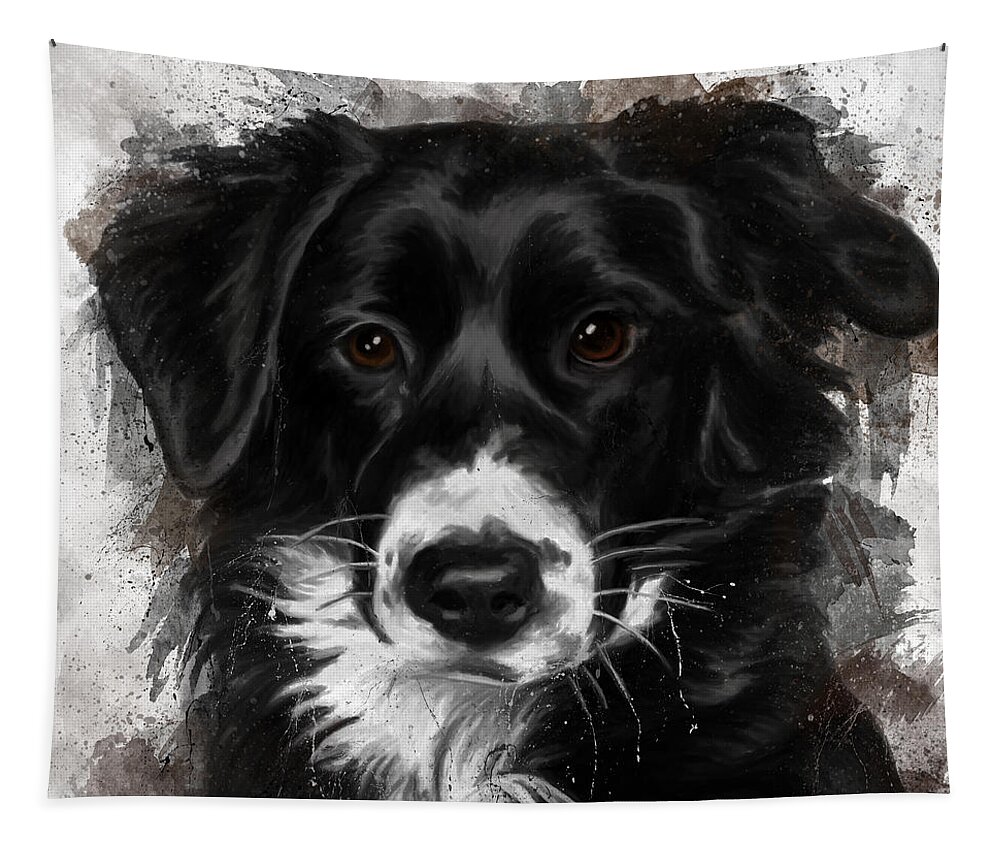Cute Dog Tapestry featuring the painting Cute dog portrait painting, Australian sepherd by Nadia CHEVREL
