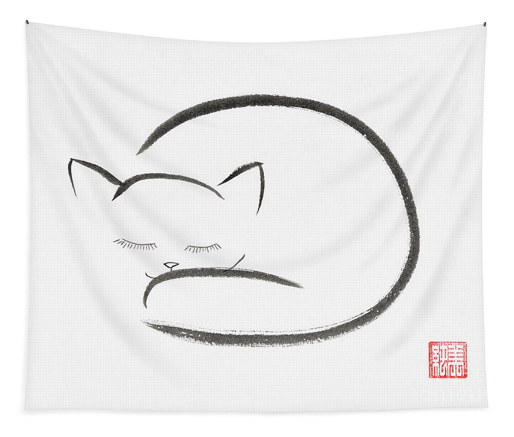 Cat Tapestry featuring the painting Cute sleeping cat Japanese Zen Sumi-e painting on white rice paper Wall Art Print MXI30202 by Maxim Images Exquisite Prints