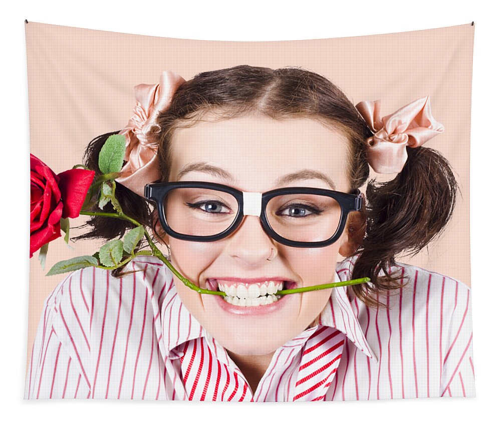 Funny Tapestry featuring the photograph Cute Smiling Woman Wearing Nerd Glasses With Rose by Jorgo Photography