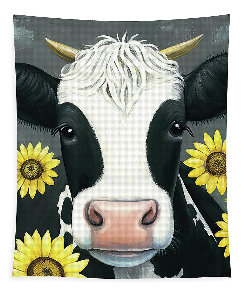 Cow Tapestry featuring the painting Cute Sunflower Cow by Tina LeCour