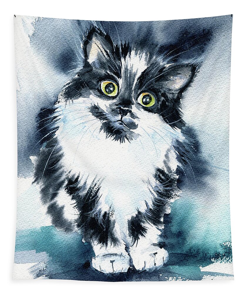 Cats Tapestry featuring the painting Cute Tuxedo Kitten Painting by Dora Hathazi Mendes
