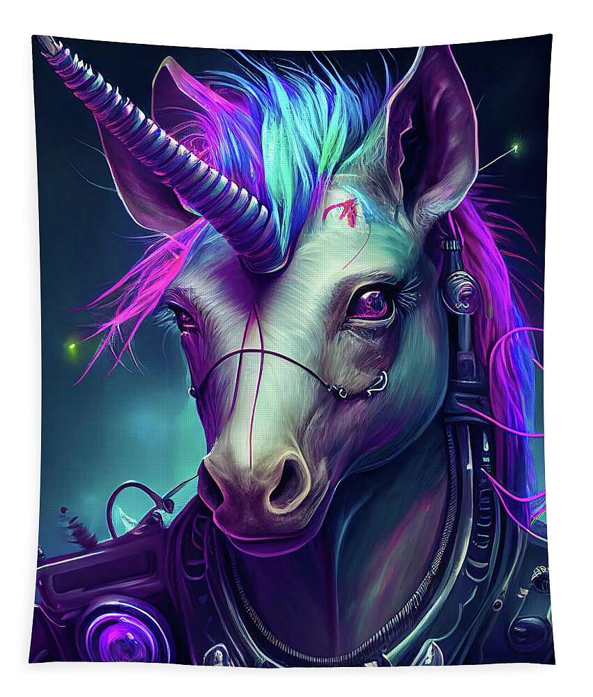 Unicorn Tapestry featuring the digital art Cyberpunk Unicorn Portrait 01 by Matthias Hauser