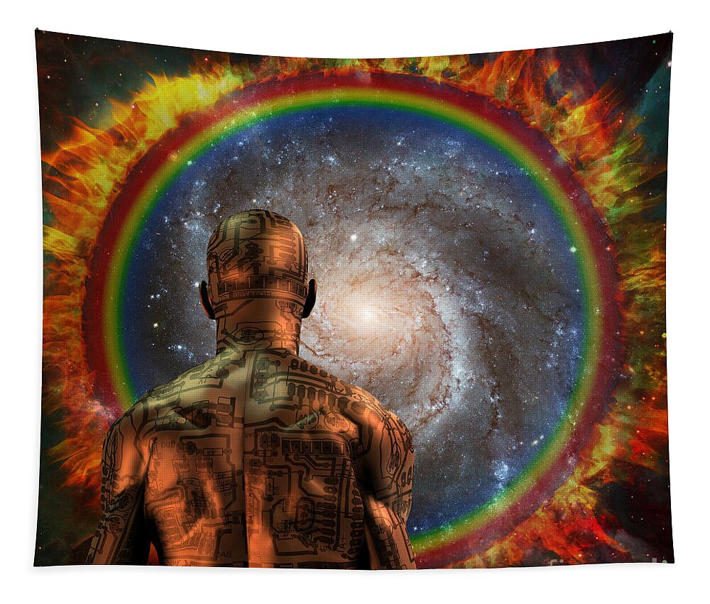 Cyborg Tapestry featuring the digital art Cyborg before the space portal by Bruce Rolff