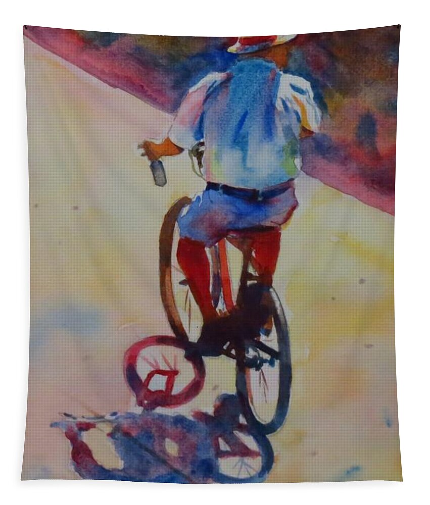 Landscape Tapestry featuring the painting Cyclist in the Sun-G.Berry #68 by David Gilmore