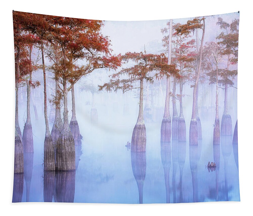 Abstract Tapestry featuring the photograph Cypress at Down with Fog by Alex Mironyuk