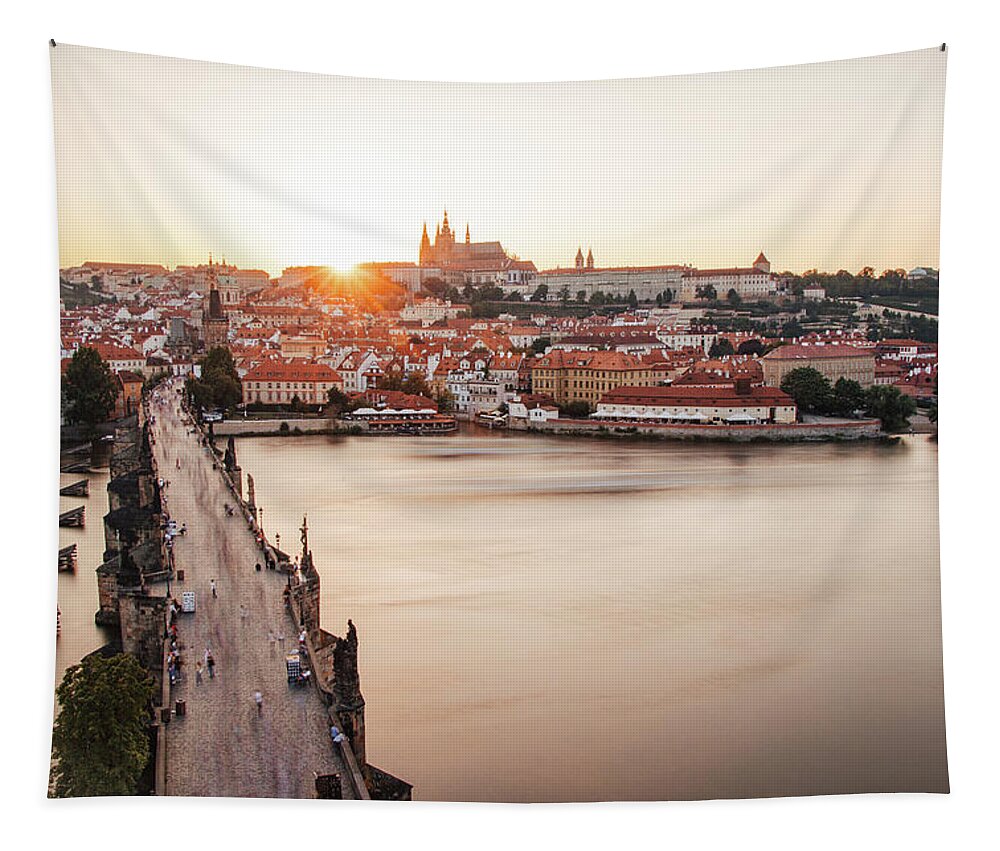Castle Tapestry featuring the photograph Czech capital city with Charles bridge at sunset by Vaclav Sonnek
