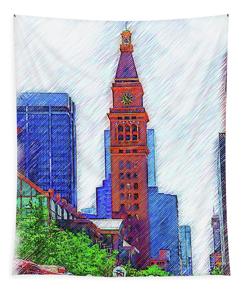 Architecture Tapestry featuring the digital art D F Tower On The Denver 16th Street Mall by Kirt Tisdale