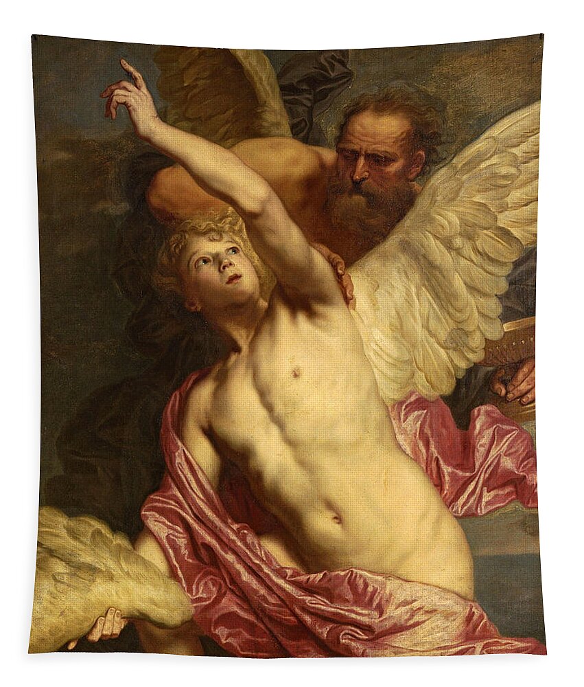 Pieter Thijs Tapestry featuring the painting Daedalus fixing wings onto the shoulders of Icarus by Pieter Thijs