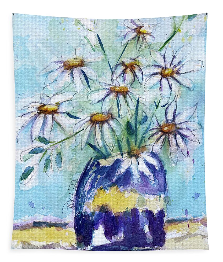 Loose Floral Tapestry featuring the painting Daisies in a Purple Vase by Roxy Rich