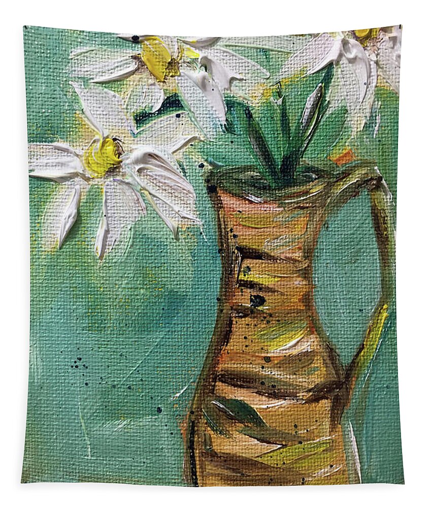 Daisies Tapestry featuring the painting Daisies in a Wicker Pitcher by Roxy Rich