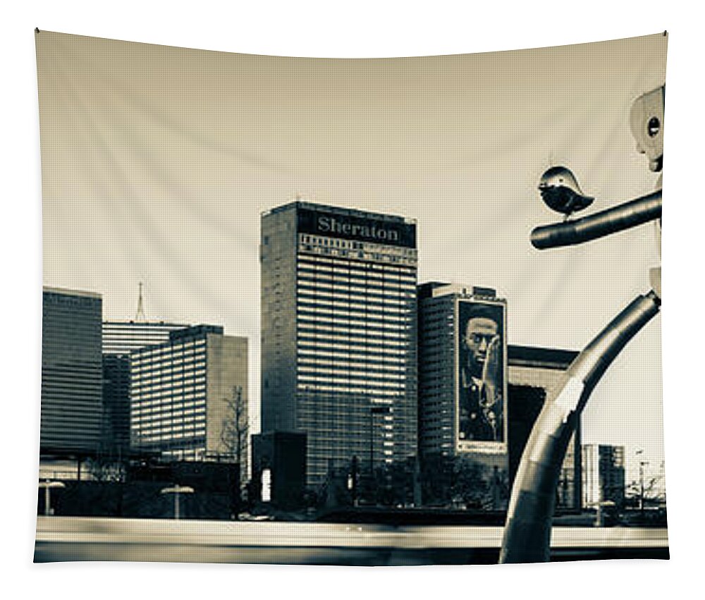 Dallas Skyline Tapestry featuring the photograph Dallas Texas Traveling Man and City Skyline Panorama - Sepia Edition by Gregory Ballos
