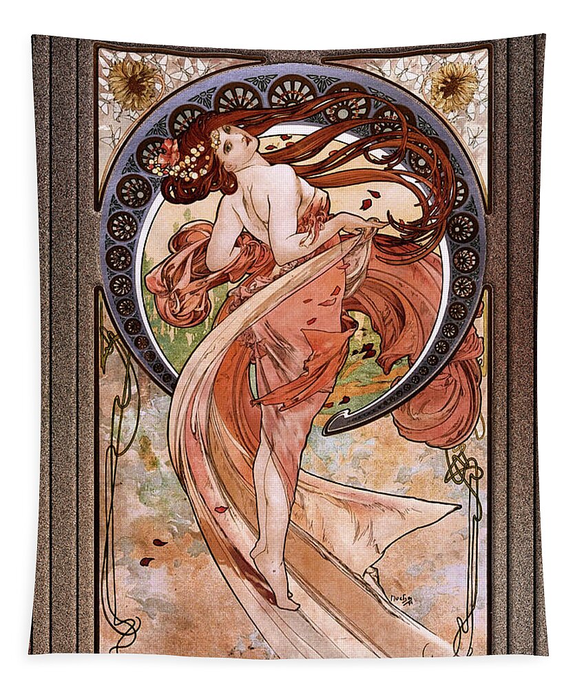 Dance Tapestry featuring the painting Dance by Alphonse Mucha Black Background by Rolando Burbon