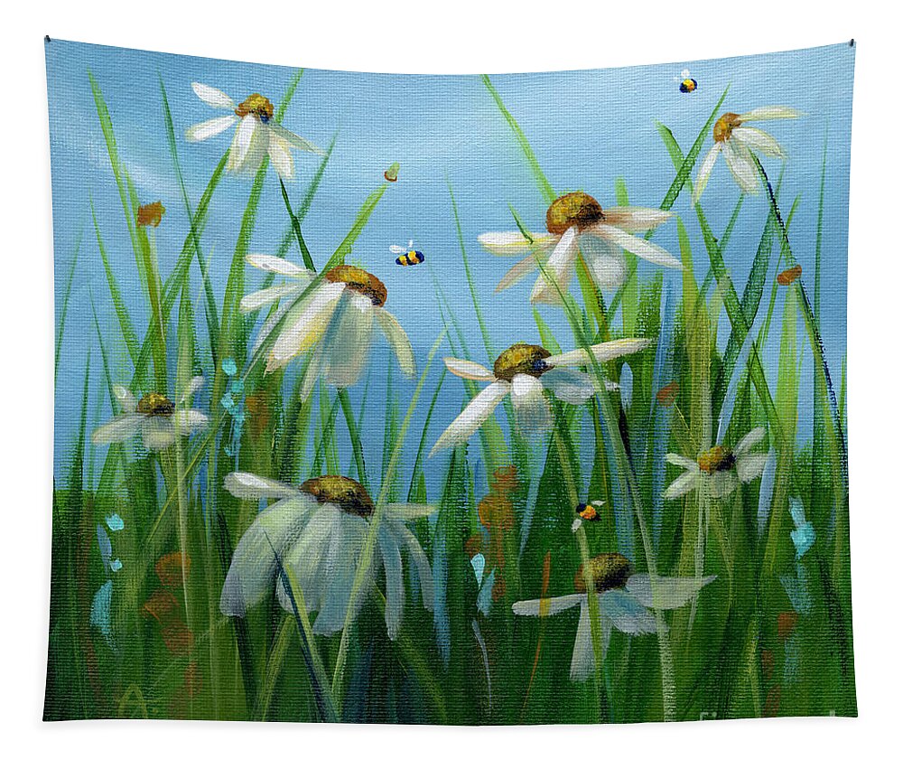 Daisies Tapestry featuring the painting Dancing Daisies - with Bumblebee by Annie Troe