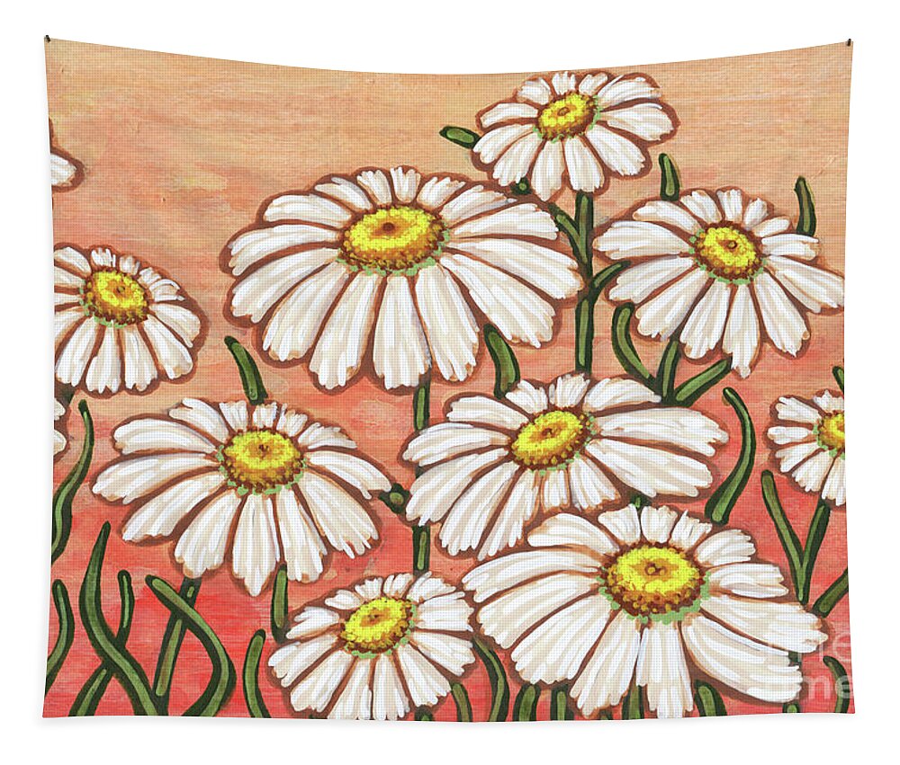 Daisy Tapestry featuring the painting Dancing Daisy Daydreams in Sun Kissed Peach Skies by Amy E Fraser