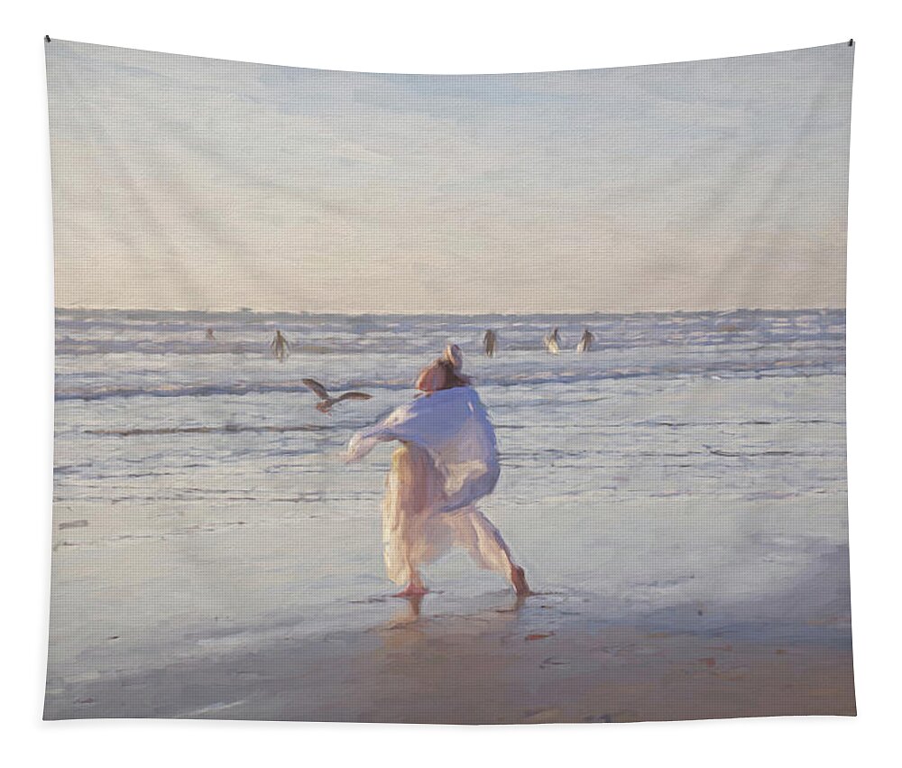 Dancer Tapestry featuring the mixed media Dancing Girl on the Beach 4 by Alison Frank