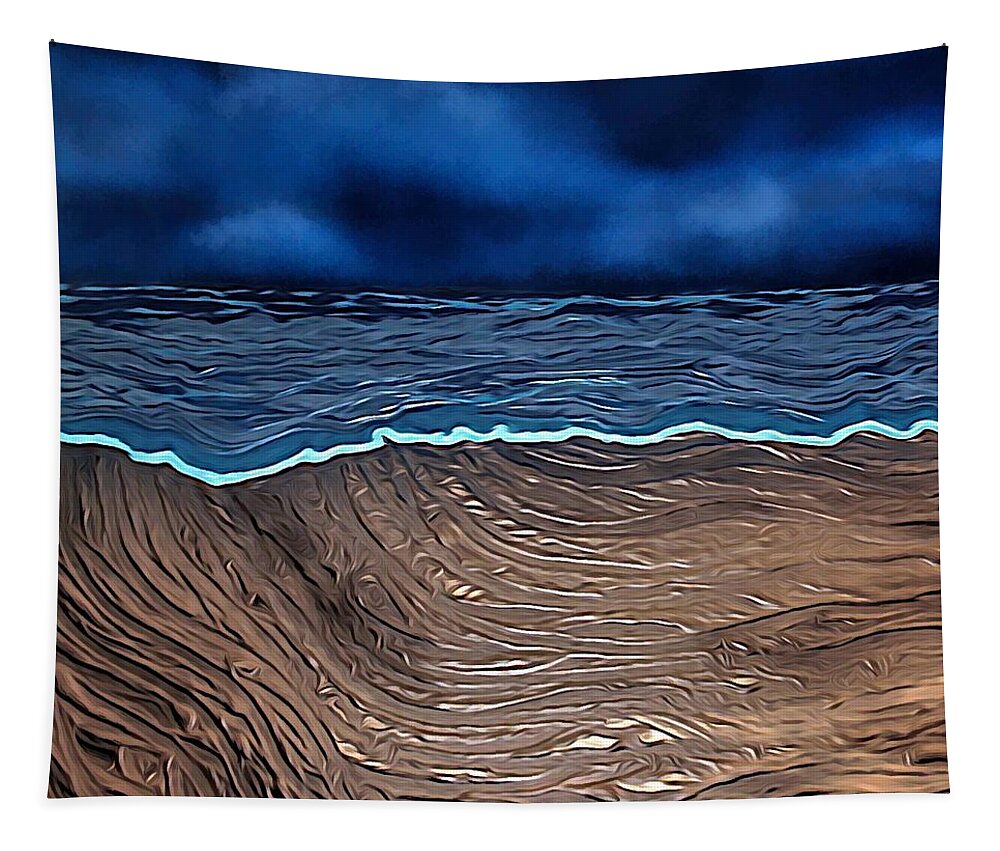 Stormy Beach Tapestry featuring the mixed media Dark And Stormy Beach by Joan Stratton