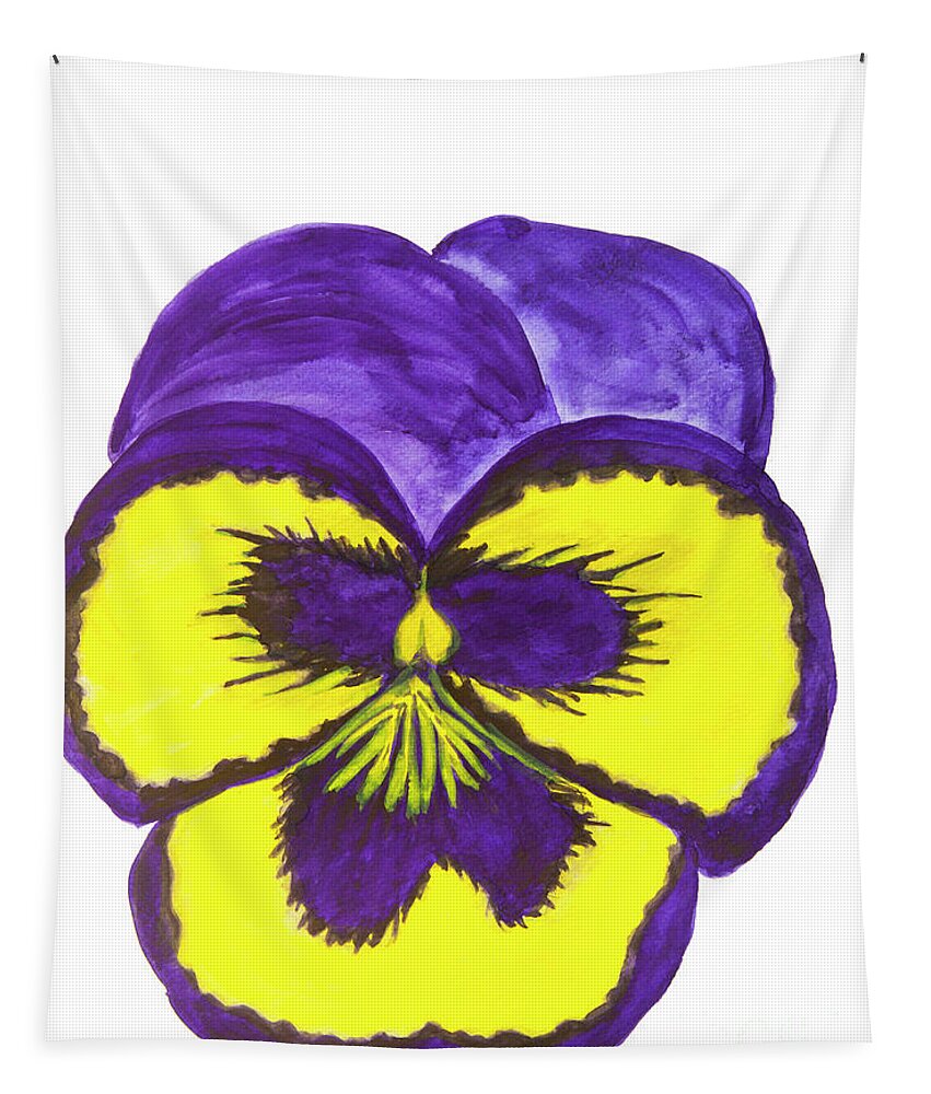 Pansy Tapestry featuring the painting Dark blue and yellow pansy on white background, watercolor by Irina Afonskaya