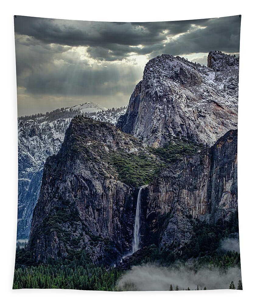 Landscape Tapestry featuring the photograph Dark Clouds over Bridalveil Fall by Romeo Victor