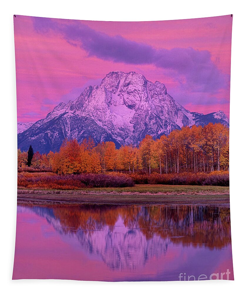 Dave Welling Tapestry featuring the photograph Dawn Oxbow Bend In Fall Grand Tetons National Park by Dave Welling