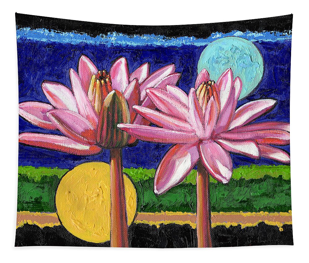 Water Lilies Tapestry featuring the painting Day and Night Beauty by John Lautermilch