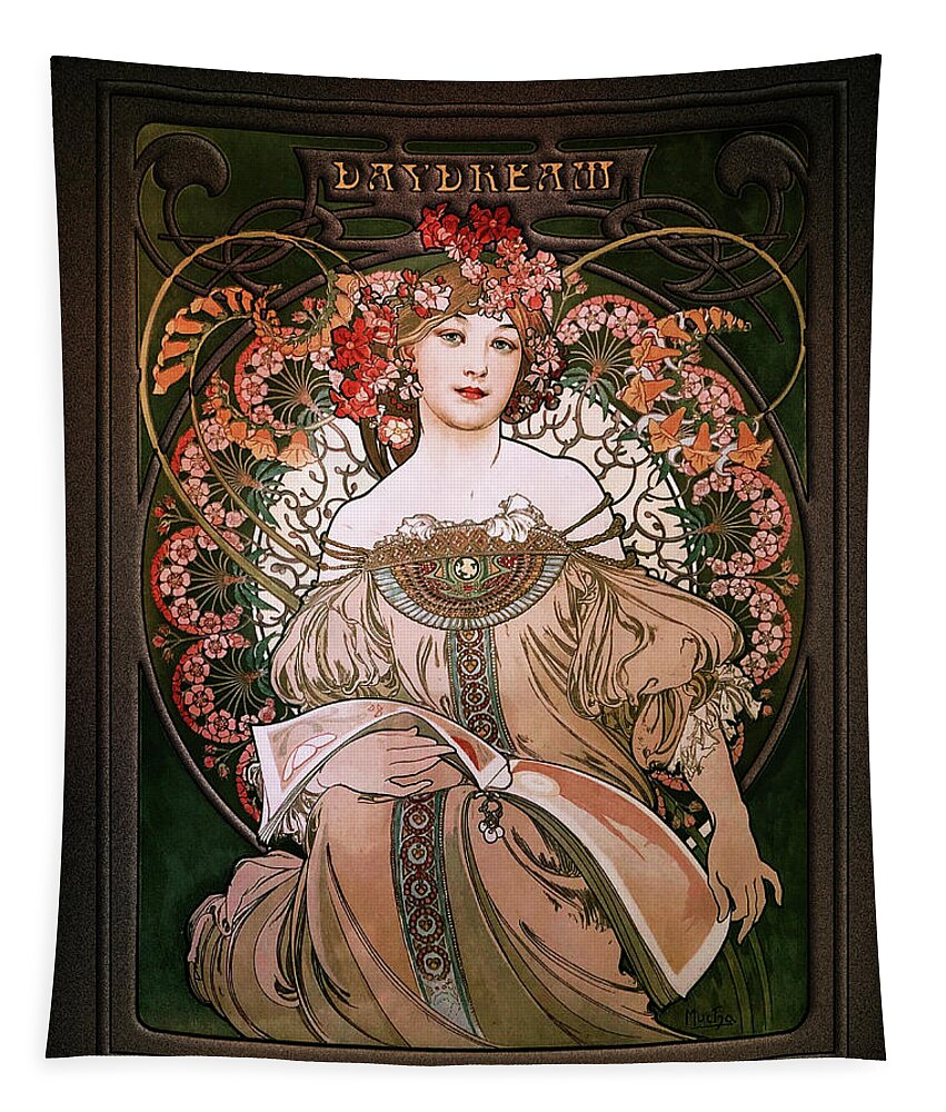 Daydream Tapestry featuring the painting Daydream by Alphonse Mucha Black Background by Rolando Burbon
