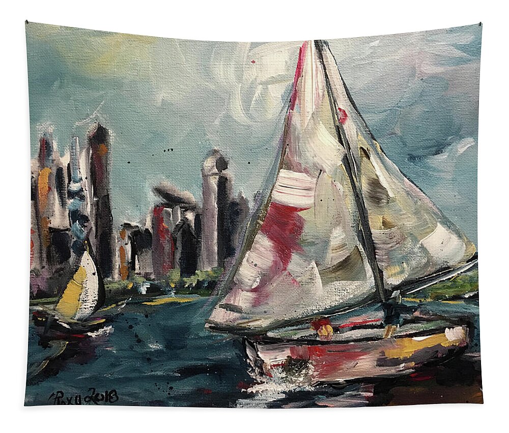 Sailboats Tapestry featuring the painting Daytime Sailing Chicago by Roxy Rich