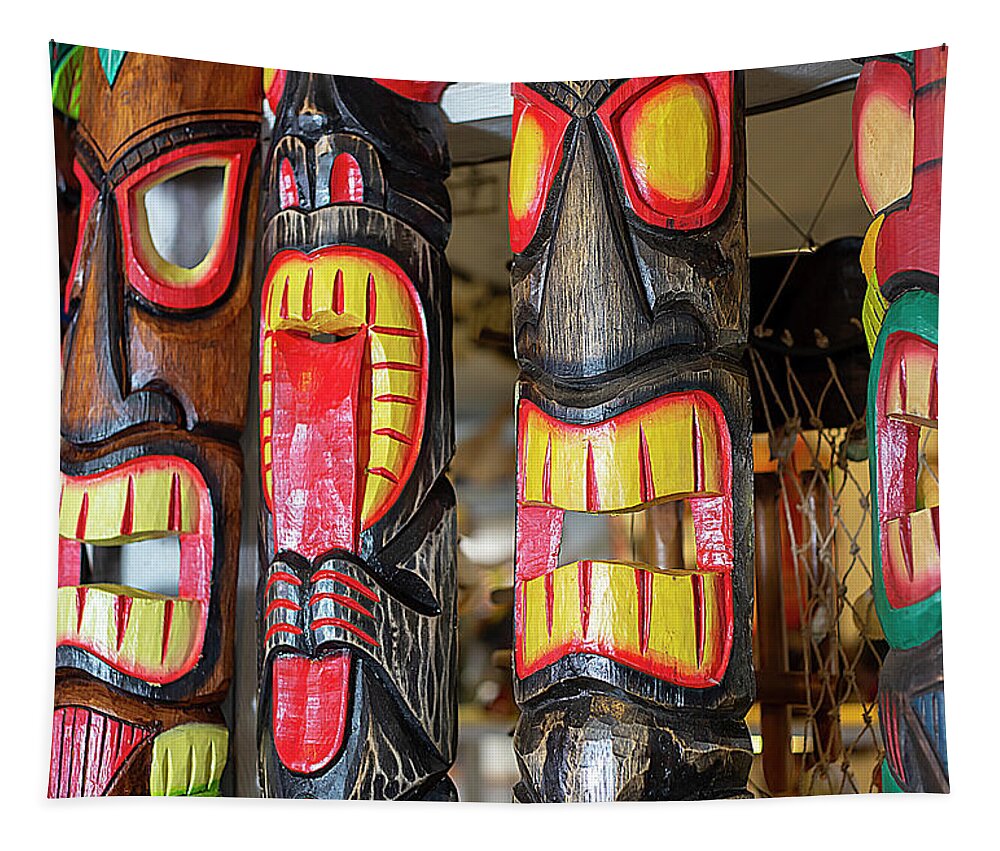 Tiki Mask Tapestry featuring the photograph Decorative Tiki Masks by Dart Humeston