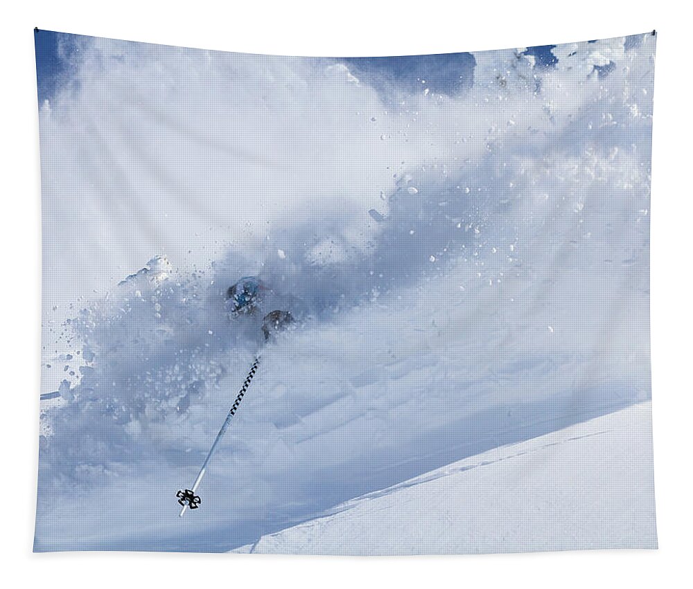 Utah Tapestry featuring the photograph Deep Powder Skier - Snowbird, Utah - IMG_5472e by Brett Pelletier