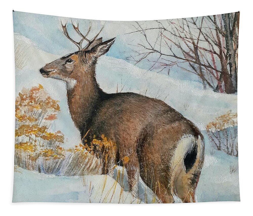 Deer Tapestry featuring the painting Deer in the snow by Carolina Prieto Moreno