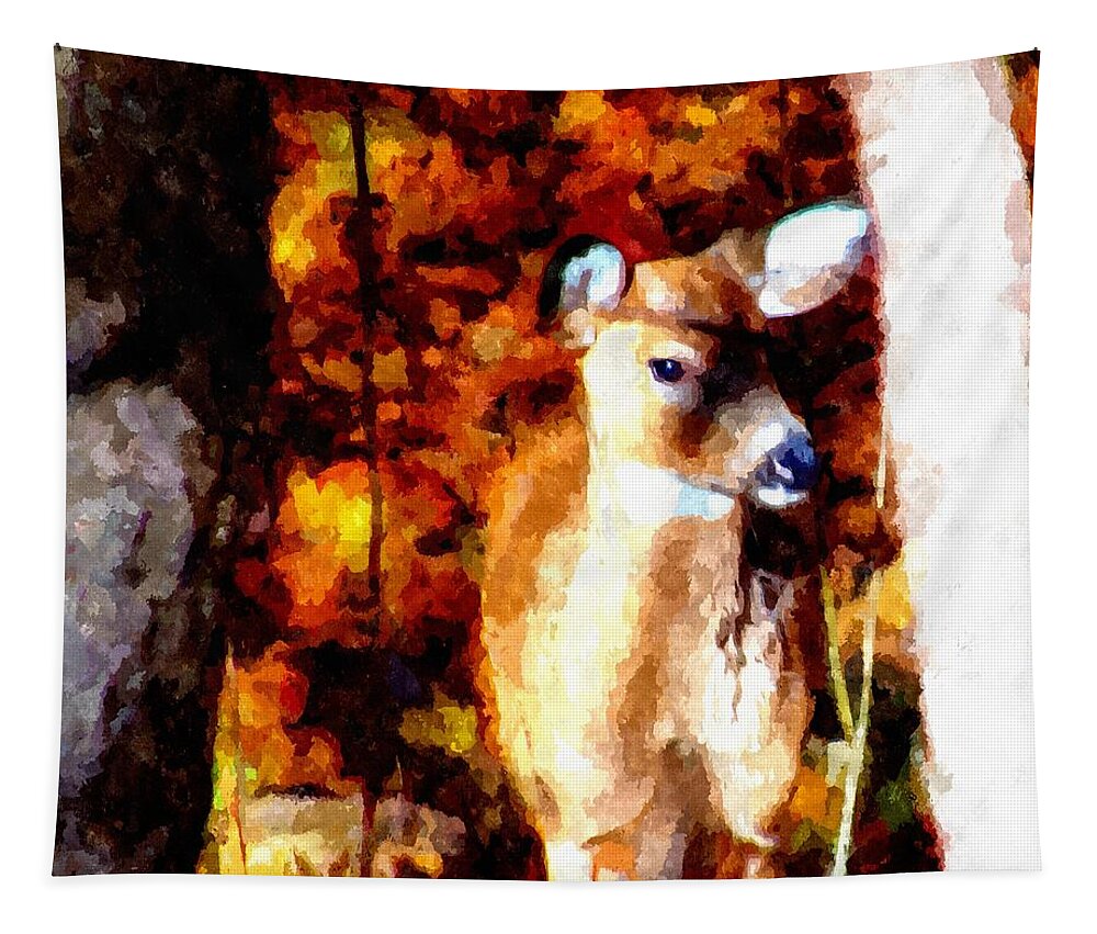 Deer Tapestry featuring the mixed media Deer in the Woods by Christopher Reed