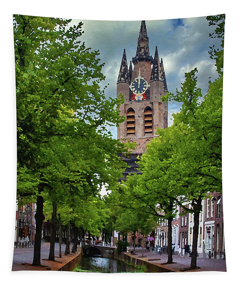 Delft Tapestry featuring the digital art Delft Canal and Oude Kerke, Dry Brush on Sandstone by Ron Long Ltd Photography