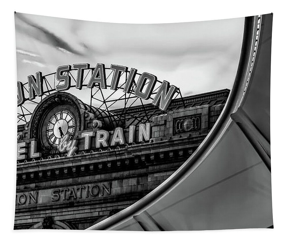 Denver Colorado Tapestry featuring the photograph Denver Colorado Union Station Panorama in Black and White by Gregory Ballos